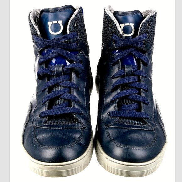 Salvatore Ferragamo Robert High Top Sneakers Blue Leather Suede Mesh Size 8.5 D